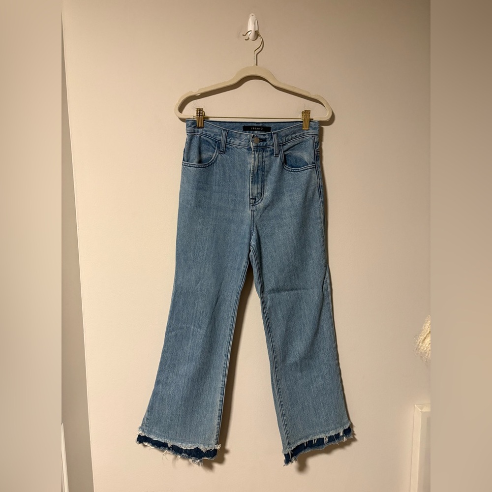 J Brand Joan Crop Light Blue Wide Leg Jeans with Double Frayed Hem 25